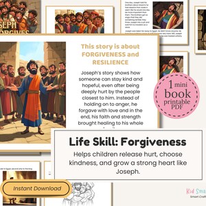 May include: A digital download featuring illustrations from the story of Joseph. The images depict Joseph forgiving his brothers, with text emphasizing forgiveness and resilience. Includes a mini-book PDF and the phrase "Instant Download".