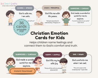 Printable Emotion Cards for Christian Kids Feelings Flashcards with Scripture Pack Calm-Down Tools, Positive Affirmations for Sunday School