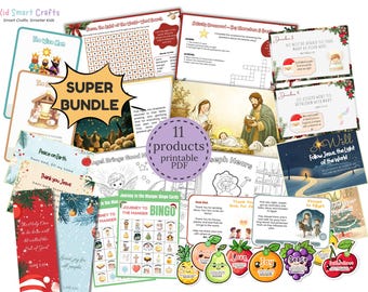 Puede incluir: Una colección de hojas de actividades en PDF imprimibles con temas navideños religiosos, que incluyen sopas de letras, crucigramas, tarjetas de bingo, marcapáginas y tarjetas ilustradas con texto sobre la historia de la natividad.