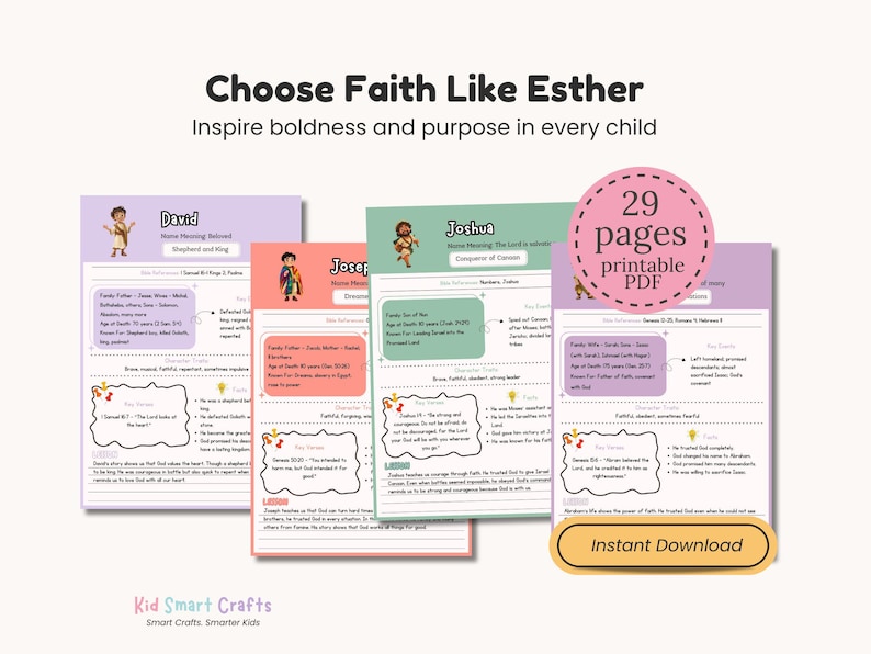 Guía de estudio bíblico para niños: paquete de educación cristiana de héroes del Antiguo Testamento / Enseña a los niños sobre David, Ester, Noé y más para la educación en casa. imagen 4