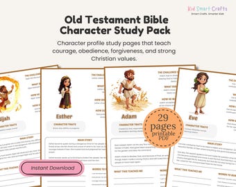 Paquete de estudio de personajes bíblicos del Antiguo Testamento para niños, lecciones bíblicas, páginas imprimibles para el estudio de la fe, héroes bíblicos, guía bíblica cristiana para la educación en el hogar.