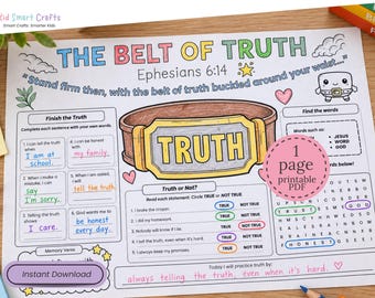 Belt of Truth Bible Activity Placemat for Kids Christian Activity Worksheet Printable Ephesians 6:14  Sunday School Homeschool Lesson Page
