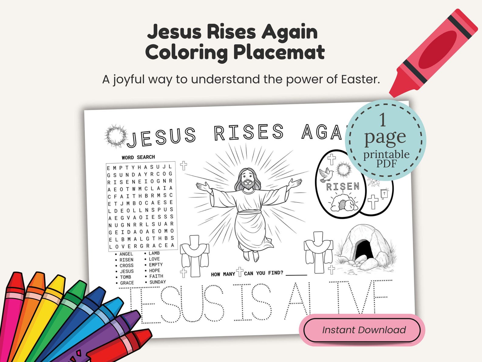 Jesus Rises Worksheets Jesus Rises Again Coloring Placemat for Kids Bible Coloring Christian ...