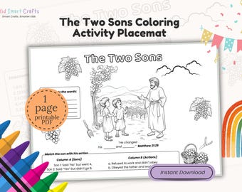 Jesus Parable The Two Sons Kids Bible Coloring Activity Placemat Christian Printable Coloring Bible Study Resource for Homeschool Lesson