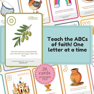 Tarjetas de memoria del alfabeto cristiano, tarjetas imprimibles de la Biblia de la A a la Z, juego de tarjetas de las Escrituras para niños, para la educación en casa y el estudio bíblico de la escuela dominical.