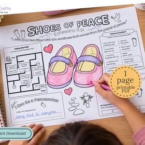 Pode incluir: Uma folha de atividades imprimível intitulada Shoes of Peace com um labirinto, um quiz sobre paz ou conflito e uma seção de colorir com sapatos cor-de-rosa. A página inclui texto de Efésios 6:15 e uma seção para escrever sobre a paz.