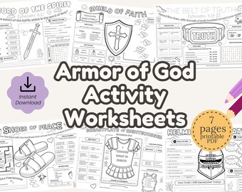 BUNDLE: Armor of God Kids Bible Printable Activity Worksheets Bible Coloring Ephesians 6 Christian Classroom Sunday School Homeschool Lesson