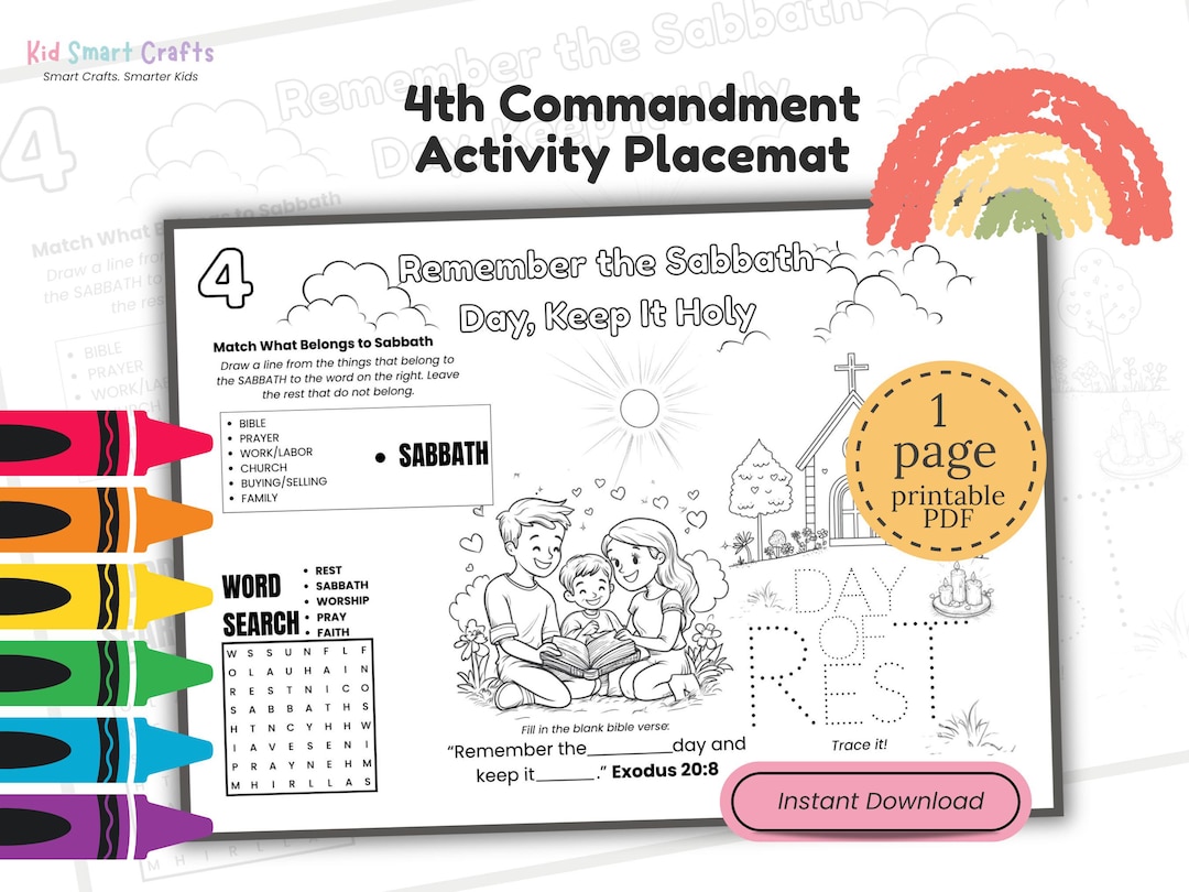 Fourth Commandment From Ten Commandments Coloring + Activities Placemat ...