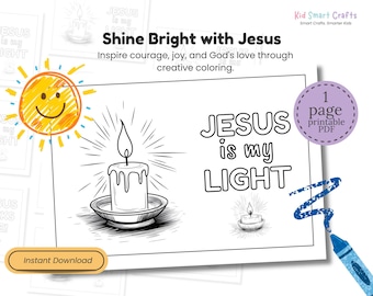 Könnte beinhalten: Eine ausdruckbare Malvorlage mit einer Kerze im Halter und dem Text 'JESUS is my LIGHT'. Das Design enthält eine gelbe Sonnengrafik, ein violettes kreisförmiges Abzeichen mit der Aufschrift '1 page printable PDF' und einen orangefarbenen Button.