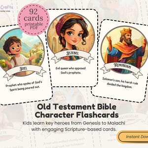 Tarjetas didácticas imprimibles de personajes bíblicos del Antiguo Testamento para niños cristianos. Actividad bíblica para la escuela en casa y la escuela dominical.