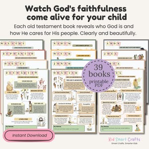 May include: A collection of 39 printable PDF educational sheets featuring Old Testament book summaries. Each page includes colorful illustrations, text headers, and descriptive content about biblical figures and themes. A purple circular badge states 39 books printable PDF.