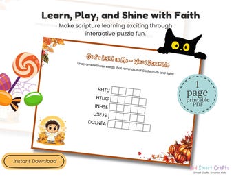 Puede incluir: Una hoja de actividades de sopa de letras titulada God's Light in Me con bordes de hojas de otoño, un dibujo de un niño y dulces. La página presenta cinco palabras desordenadas con casillas vacías y un gráfico de un gato negro.