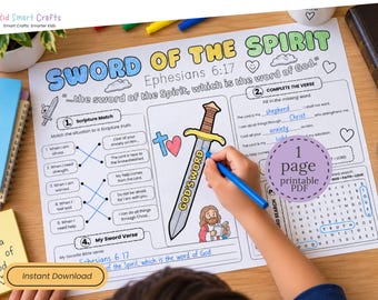 May include: A printable activity sheet titled Sword of the Spirit featuring Ephesians 6:17, with sections for scripture matching, verse completion, and a word search. The page includes a central illustration of a sword labeled God's Word.