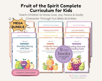 Frutos del Espíritu: Paquete completo de 9 lecciones con historias bíblicas, versículos, oraciones, actividades y páginas para colorear para la educación en casa y la escuela dominical.