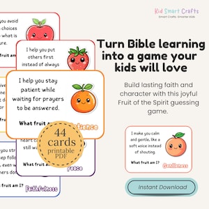 Juego de adivinanzas divertido sobre el fruto del Espíritu Santo. Actividad bíblica para niños cristianos. Tarjetas imprimibles para niños de la escuela dominical. Guía de estudio bíblico. imagen 1