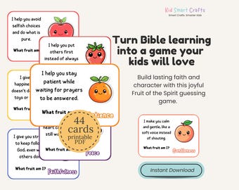 Juego de adivinanzas divertido sobre el fruto del Espíritu Santo. Actividad bíblica para niños cristianos. Tarjetas imprimibles para niños de la escuela dominical. Guía de estudio bíblico.
