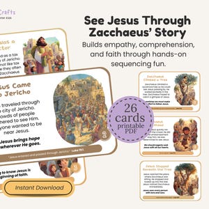 May include: A collection of illustrated cards titled "See Jesus Through Zacchaeus' Story." The cards feature text and images depicting scenes from the biblical story. The set includes 26 printable cards, designed for hands-on learning and sequencing.