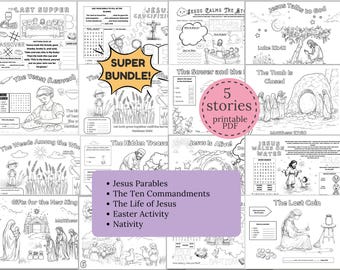 Super Bundle: Bible Activity Placemats for Kids Coloring Worksheet Ten Commandments, Easter, Nativity, Jesus' Parables & Life of Jesus Story