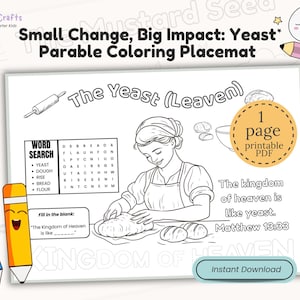 以下が含まれることがあります： 「Small Change, Big Impact: Yeast Parable Coloring Placemat」というテキストが入った、白黒の塗り絵。単語検索、穴埋めセクション、パン屋さんのイラストが含まれています。2本のカラー鉛筆が画像にあります。