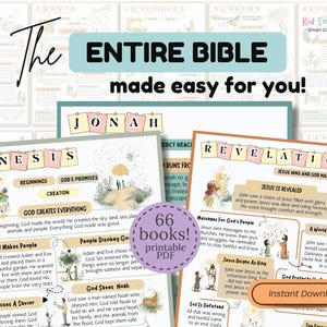 Op de afbeelding: Een verzameling printbare educatieve bladen getiteld The Entire Bible made easy for you, met geïllustreerde samenvattingen van Genesis, Jona en Openbaring met tekst, pastelkleurige koppen en een paarse ronde badge met de tekst 66 books printable PDF.