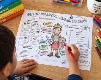 Armor of God Christian Printable Activity Placemat for Kids Bible Coloring Worksheet Ephesians 6 Sunday School Homeschool Lesson Activity