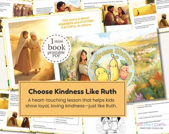 Puede incluir: Colección de libros PDF imprimibles para niños con ilustraciones. La portada principal muestra a dos mujeres caminando, con el texto "Choose Kindness Like Ruth". Otras páginas muestran escenas bíblicas y actividades.