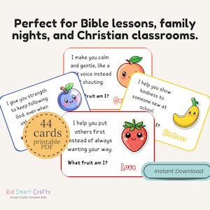 Juego de adivinanzas divertido sobre el fruto del Espíritu Santo. Actividad bíblica para niños cristianos. Tarjetas imprimibles para niños de la escuela dominical. Guía de estudio bíblico. imagen 3