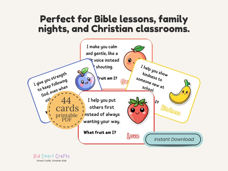 Juego de adivinanzas divertido sobre el fruto del Espíritu Santo. Actividad bíblica para niños cristianos. Tarjetas imprimibles para niños de la escuela dominical. Guía de estudio bíblico. imagen 3