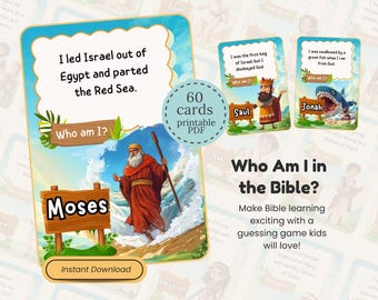 Puede incluir: Un juego de 60 tarjetas imprimibles de adivinanzas bíblicas. La tarjeta principal muestra una ilustración de Moisés partiendo el Mar Rojo con el texto 'I led Israel out of Egypt and parted the Red Sea' y 'Moses'. Otras tarjetas muestran a Saúl y Jonás.