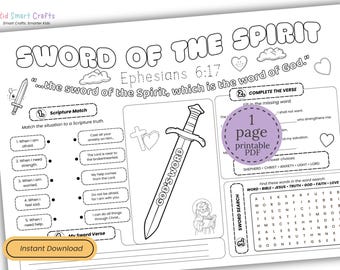 Armor of God Sword of the Spirit Kids Bible Activity Ephesians 6 Kids Bible Worksheet Printable Christian Sunday School & Homeschool Lesson