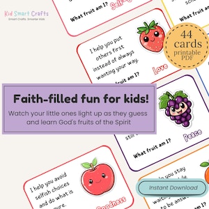 Juego de adivinanzas divertido sobre el fruto del Espíritu Santo. Actividad bíblica para niños cristianos. Tarjetas imprimibles para niños de la escuela dominical. Guía de estudio bíblico. imagen 2