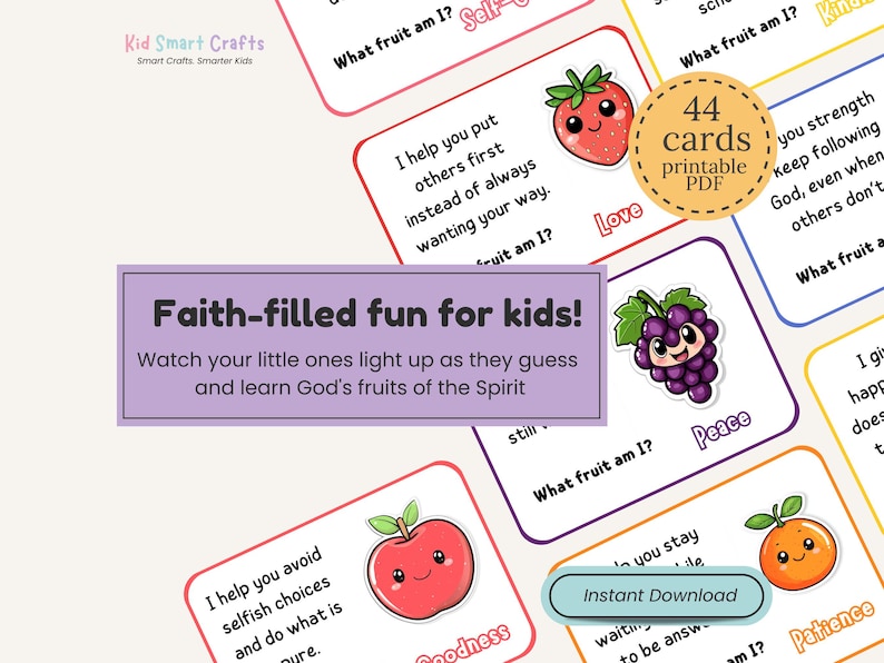 Juego de adivinanzas divertido sobre el fruto del Espíritu Santo. Actividad bíblica para niños cristianos. Tarjetas imprimibles para niños de la escuela dominical. Guía de estudio bíblico. imagen 2