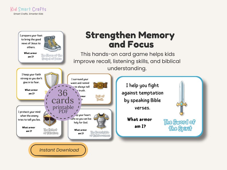 Armor of God Guessing Game for Christian Kids Printable Fun Bible Activity 36 Printable Cards with 6 Questions Each Sunday School Resource image 5
