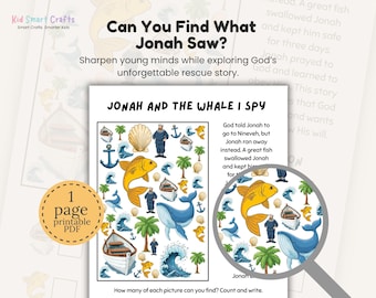 Puede incluir: Una hoja de actividades imprimible titulada Jonah and the Whale I Spy con ilustraciones coloridas de una gran ballena azul, un pez amarillo, un barco, palmeras, anclas, conchas y una persona. La página incluye texto y una lupa.