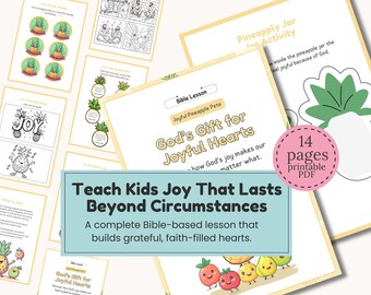 Könnte beinhalten: Eine Sammlung von druckbaren Bibel-Lektionsseiten für Kinder. Die Seiten zeigen Illustrationen von Ananas und den Text "Lehre Kindern Freude, die über die Umstände hinaus anhält". Ein rosa Kreis zeigt "14 Seiten druckbares PDF".