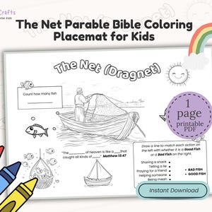 May include: Black and white coloring placemat for kids with the text "The Net Parable Bible Coloring Placemat for Kids." The placemat features illustrations of a boat, fish, and text prompts. Includes a rainbow and crayons.