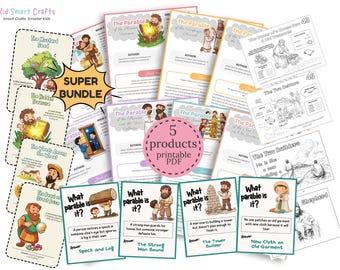 SUPER BUNDLE: Jesus Parables Learning Activity Pack Bible Study Guide Flash Cards and Bible Guessing Game Fun Christian Activities for Kids