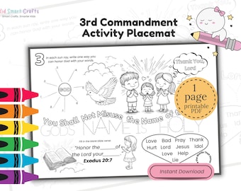 Third Commandment from Ten Commandments Coloring Placemat for Kids Bible Activity Christian Printable Worksheet for Sunday School Lessons