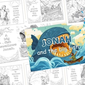 May include: A collection of black and white illustrations depicting the biblical story of Jonah. One image shows a large blue fish with the text "JONAH and the big fish". Other images show Jonah in various scenes.