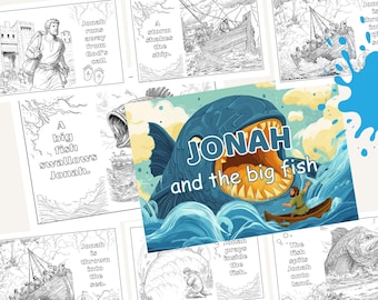 Puede incluir: Una colección de ilustraciones en blanco y negro que representan la historia bíblica de Jonás. Una imagen muestra un gran pez azul con el texto "JONAH and the big fish". Otras imágenes muestran a Jonás en varias escenas.