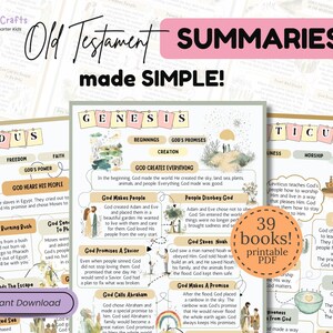 May include: A collection of educational printable sheets titled Old Testament Summaries made SIMPLE, featuring illustrated summaries of biblical books like Genesis, Exodus, and Leviticus with text blocks, colorful headers, and small drawings.