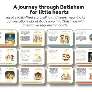 May include: A set of interactive sequencing cards with illustrations and text, telling the story of the birth of Jesus. The cards feature scenes such as the journey to Bethlehem, the angel visiting Mary, and the wise men following the star. The text reads "A journey through Bethlehem for little hearts."