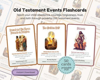 Ensemble de 50 histoires bibliques pour enfants chrétiens Cartes d'apprentissage chrétiennes imprimables pour l'école à la maison et l'école du dimanche