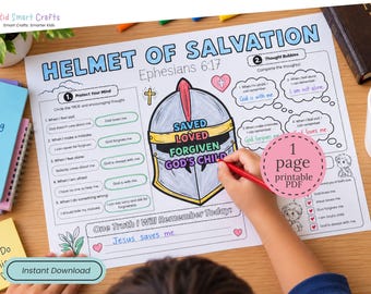 May include: A printable activity sheet titled Helmet of Salvation featuring a central illustration of a helmet with the words Saved, Loved, Forgiven, God's Child. The page includes sections for thought bubbles, true or false circles, and a writing prompt.