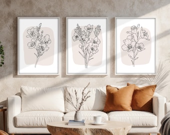 Floral Linie Art Prints Set: Schwarz weisse Wildblumen Skizzen (Digitaler Download)