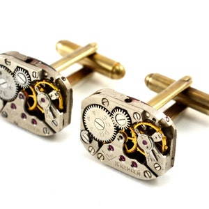 Steampunk Cuff Links, Watch Cuff Links, Vintage Watch Movements, Rectangular, Watch Lover Gift, Mechanical Engineer Gift, Watch Collector image 1