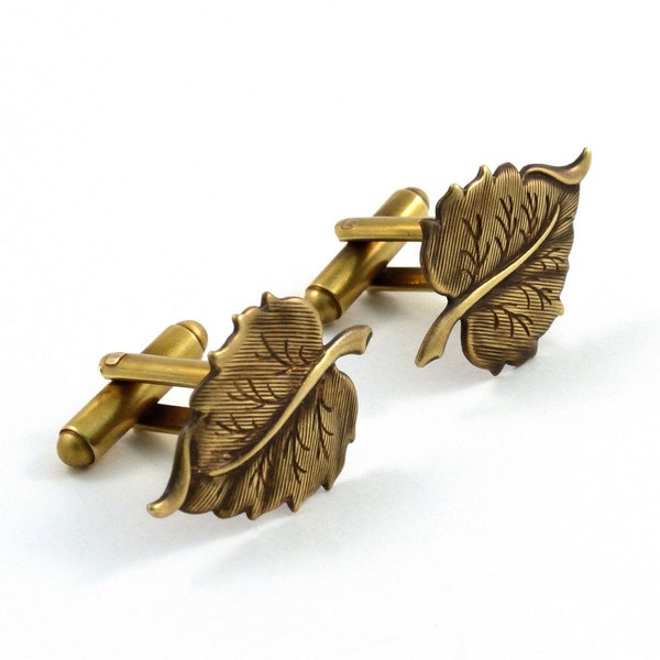 Leaf Cufflinks, Nature Lover Gift, Gardener Gift, Gifts for Men, Naturalist Gift, Botanical, Botanist, Tropical Wedding, Antiqued Gold