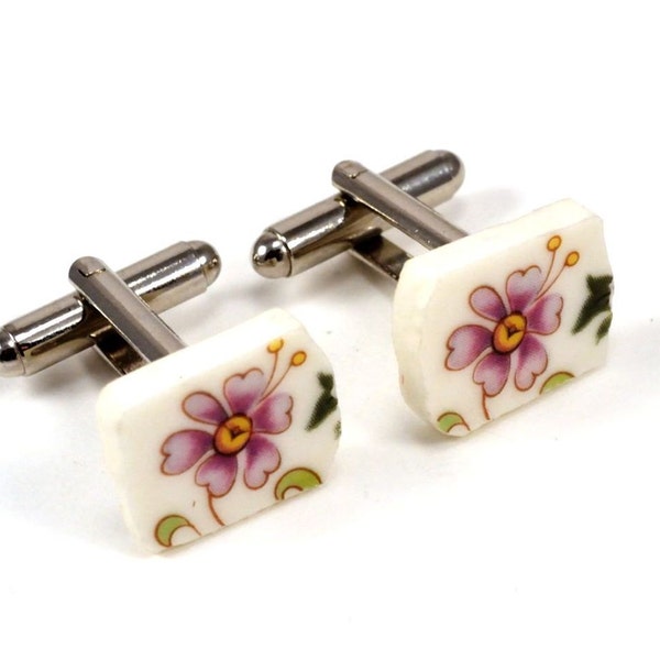 White Cufflinks, Broken China Cufflinks, Vintage Plate, English Bone China Cufflinks