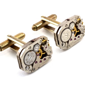 Steampunk Cuff Links, Watch Cuff Links, Vintage Watch Movements, Rectangular, Watch Lover Gift, Mechanical Engineer Gift, Watch Collector image 2