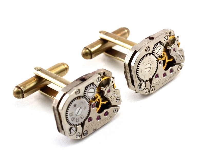 Steampunk Cuff Links, Watch Cuff Links, Vintage Watch Movements, Rectangular, Watch Lover Gift, Mechanical Engineer Gift, Watch Collector image 2